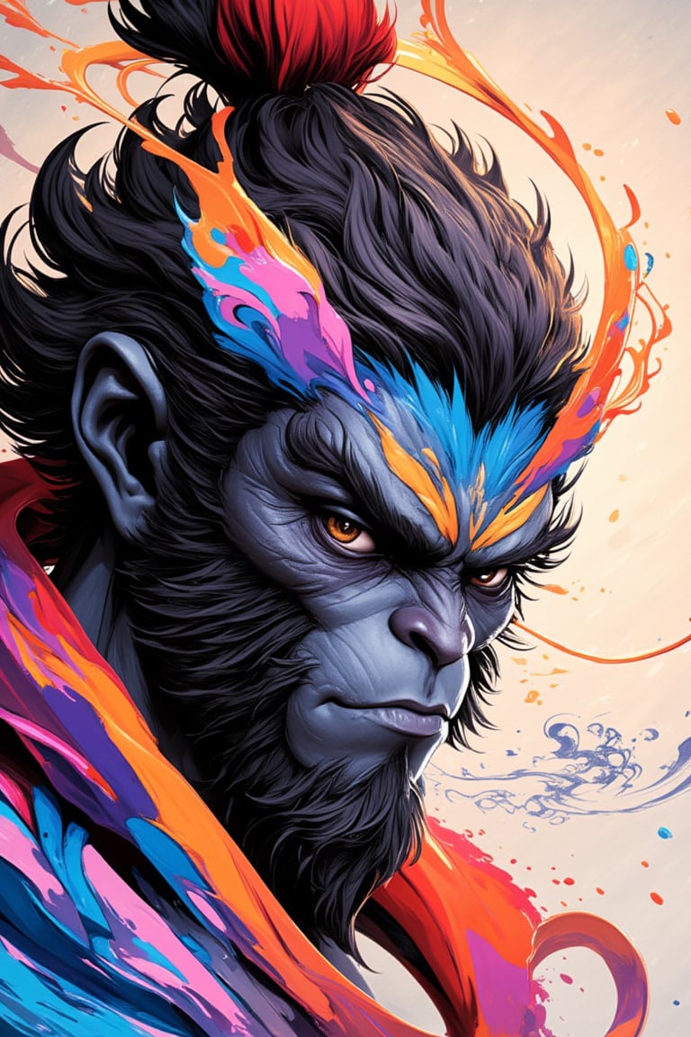 A majestic, close-up portrait of Wukong's wise and powerful head, rendered in exquisite ink art style with bold brushstrokes. His piercing eyes seem to gaze into the depths of eternity as a halo of subtle, swirling patterns surrounds his noble visage. Vibrant colors dance across the canvas, imbuing the masterpiece with an aura of mystique.,Ink art style