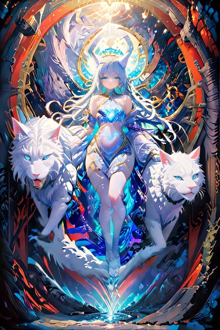 A majestic queen of cats grasps a massive feline companion in her arms, captured in a full-body shot. Her porcelain-like skin appears almost translucent against the vibrant colors surrounding her. Wide, long blue hair, blue sapphire eyes gleam with an otherworldly intensity, as if fueled by ancient mystical powers. The artwork's vertical composition and intricate details create a breathtaking, dreamlike atmosphere, transporting viewers to a realm where mythical creatures reign supreme.,BLE