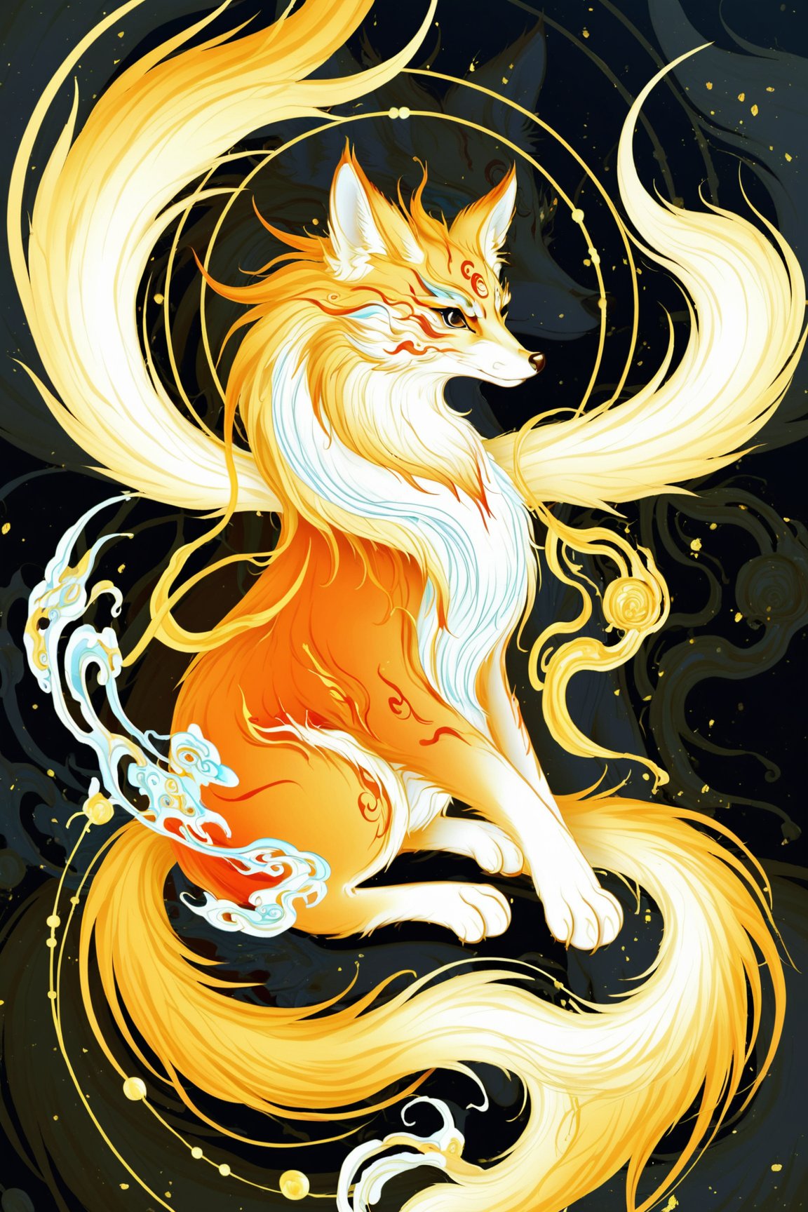 Iconic logo, chinese logo, nine-tailed fox, majestic aura, golden and silver, elegant, priceless, highly detailed, HD, 16K, traditional art style