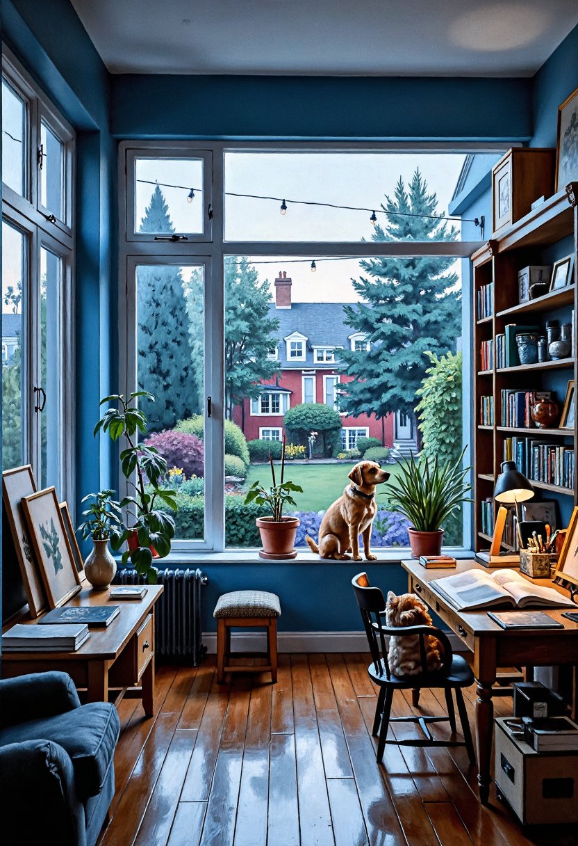 Living room with large windows, overlooking the garden, bathed in warm blue hues. The room is filled with various painting supplies and canvases on shelves, while a dog sits at their desk surrounded by books and sketches, adding to the cozy atmosphere. In the background, you can see 
exotis garden outside, adding depth to the scene.,Modern,oil painting