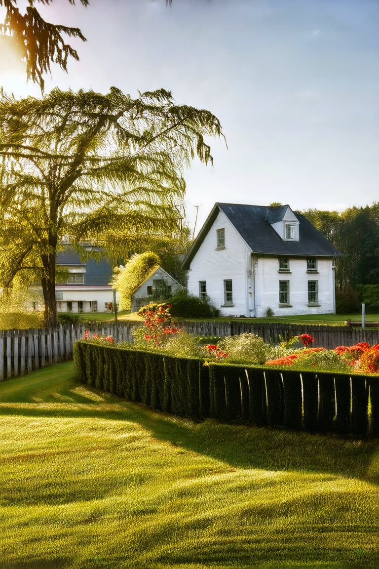 A serene morning scene: a charming white house with a lush green garden, surrounded by a rustic wooden fence. The sun shines brightly overhead, casting a warm glow on the vibrant flowers and neatly trimmed hedges. A gentle breeze rustles the leaves as the morning dew glistens on the grass.,Realistic Enhance