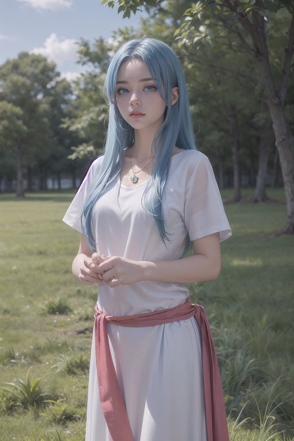 masterpiece, best quality, feena, necklace, white robes, short sleeves, sash, majestic,1 woman, grass area, blue hair, blue eyes, feminine, long hair