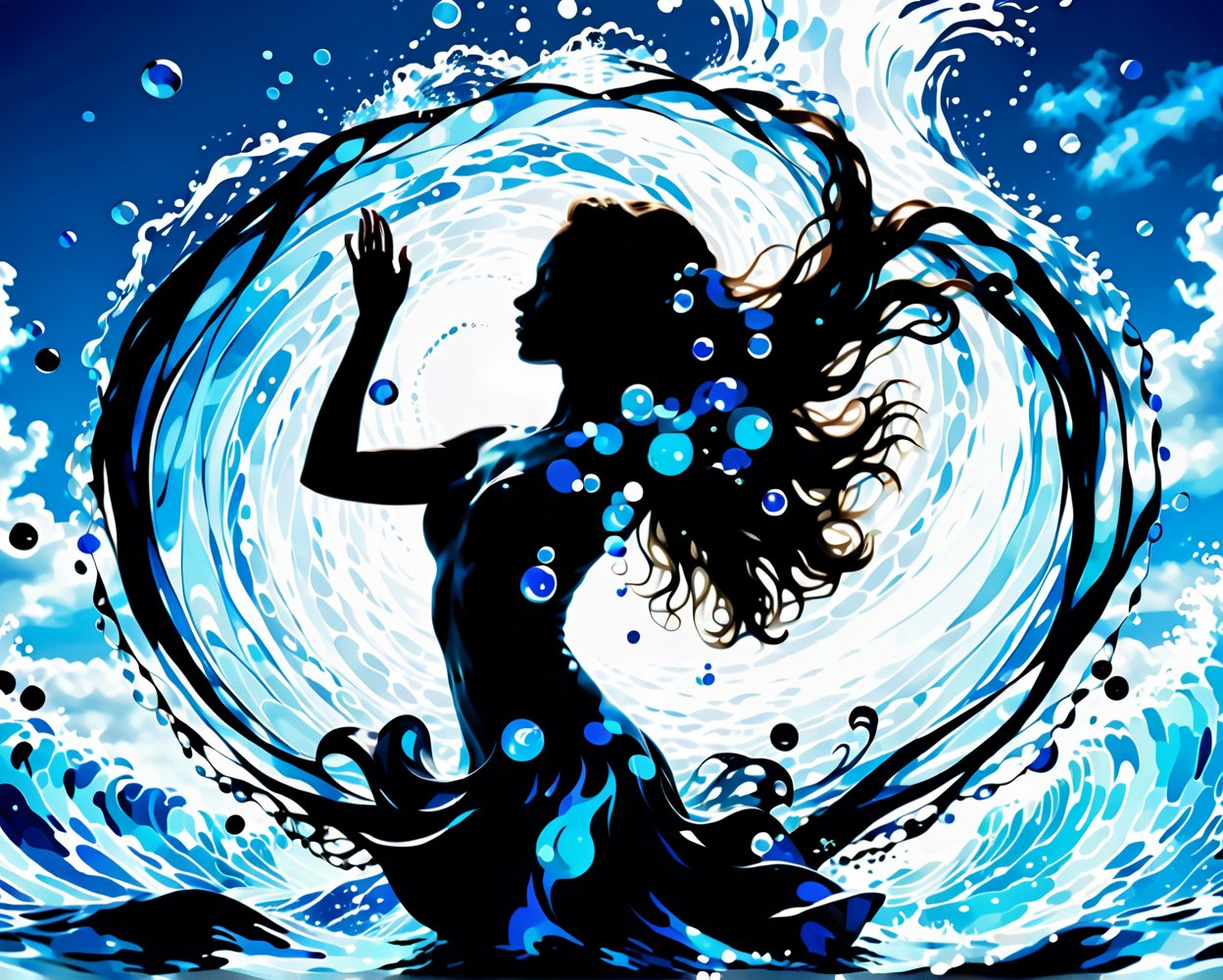 score_9, score_8_up, (solo) pool of water, water rings, (one dancing woman silhouette floating far in the waves with both her arm raised:1.3), absurdly long hair flowing along the waves, engulfed by water, blue sky, white clouds in circles, (dynamic pose) abstract, (blue shades), (azure tones), easynegative, water particles, particles