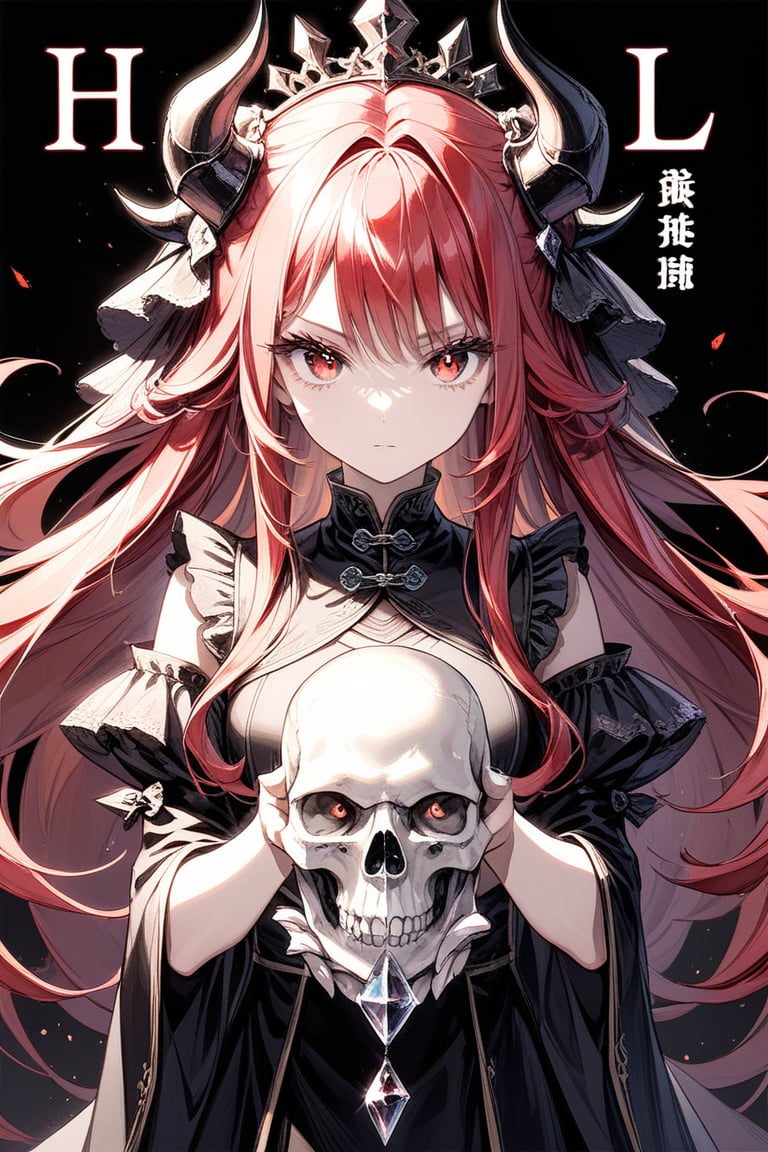 1girl, solo, looking at the audience, serious face, long red hair, red eyes with long and dense eyelashes (very bright and crystal clear), holding skull, character name, Chinese text, hell, devil, black background, dark theme