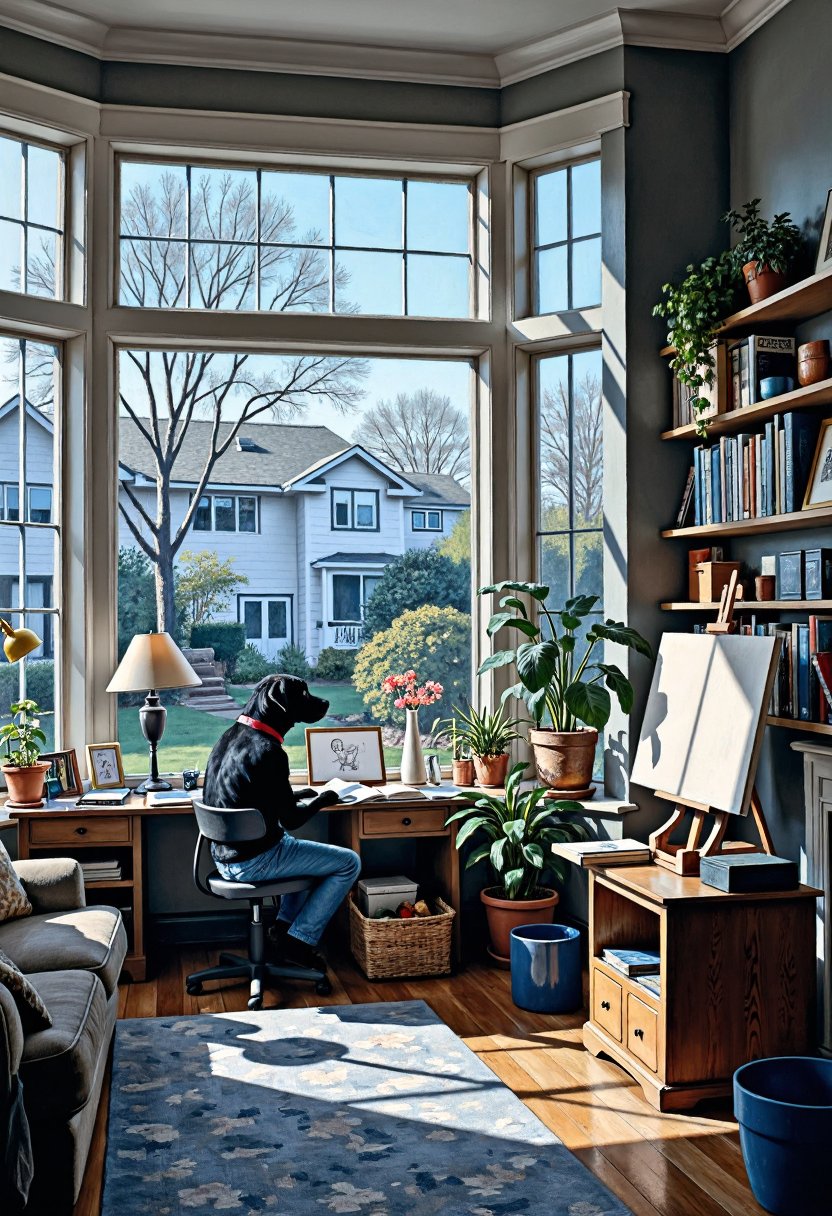 Living room with large windows, overlooking the garden, bathed in warm blue hues. The room is filled with various painting supplies and canvases on shelves, while a dog sits at their desk surrounded by books and sketches, adding to the cozy atmosphere. In the background, you can see 
exotis garden outside, adding depth to the scene.,Modern,oil painting