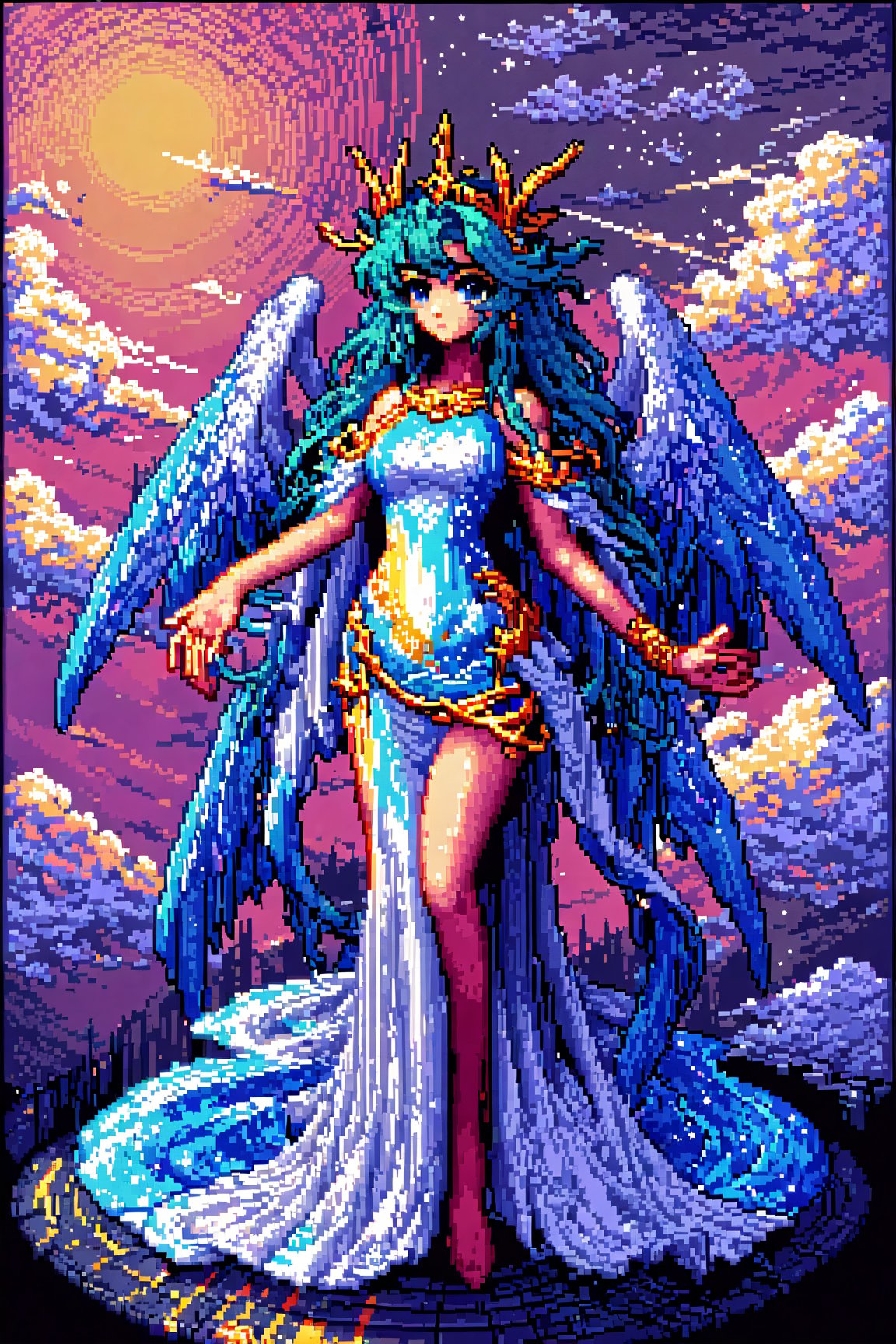 SelectiveColorStyle, Pixel art of a majestic goddess. Starry clouds background, Best quality, score_9, vivid colors, anime style, elegant, highly detailed, masterpiece, HD