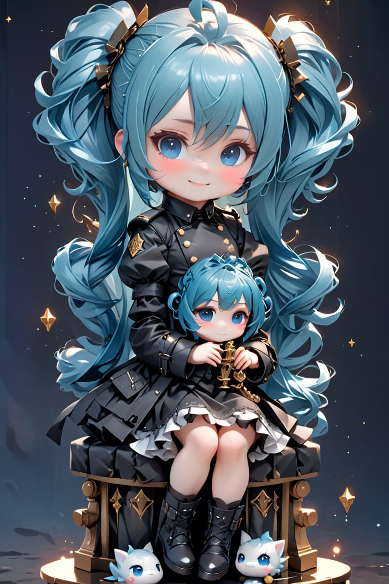 ((1 woman)), petite girl, full body, chibi, 3D figure girl, long blue hair, pony hair with emo, solo, 1girl, blue eyes, gentle smile, looking at viewer, sitting, crossed legs, throne, twintails, hair ornament, white dress, short sleeves, black thighhighs, reflection, high resolution CG Unity 8K wallpaper, detailed background, masterpiece, (photorealistic) : 1.2), random angle, ((black trench dress, : 1.4)), side angle, chibi, full body, mikdef,style_brush,TAROT