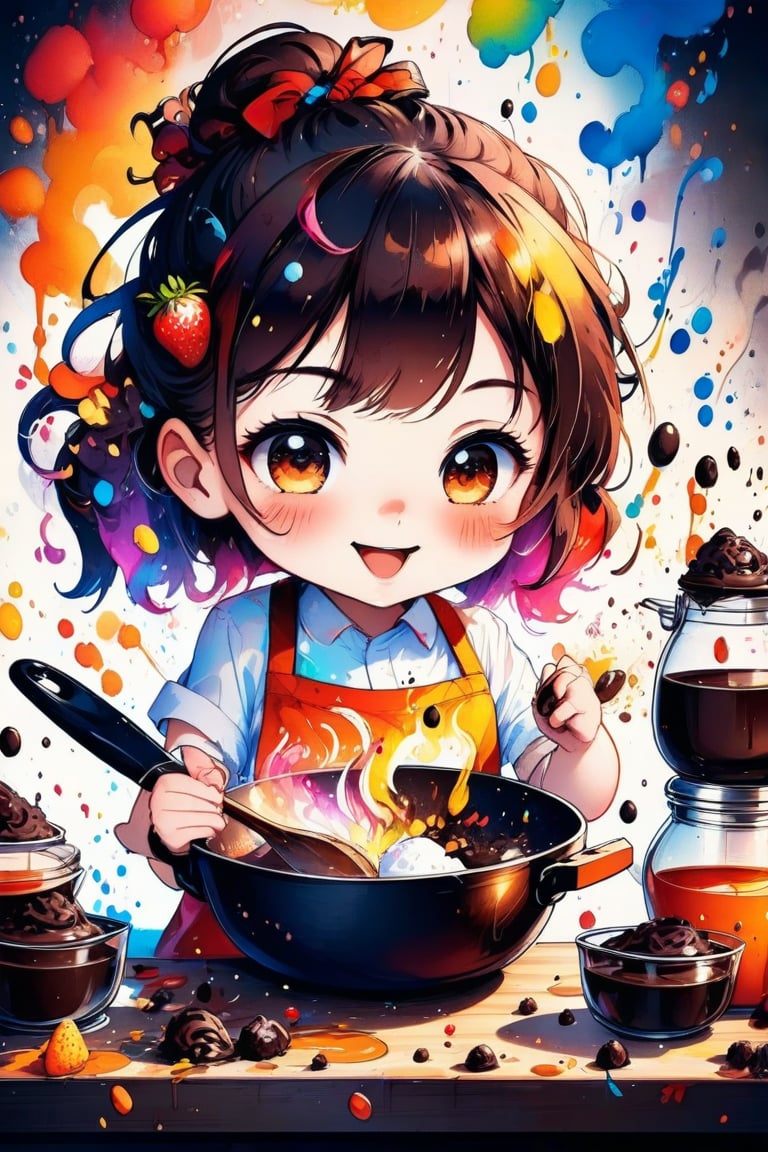 A very cute girl, chibi style, cooking, chocolate, mixing, ink brushstrokes in background mastepiece quality, stunning image, looking at viewer, anime girl, colorful, Ink art style.,Anime style