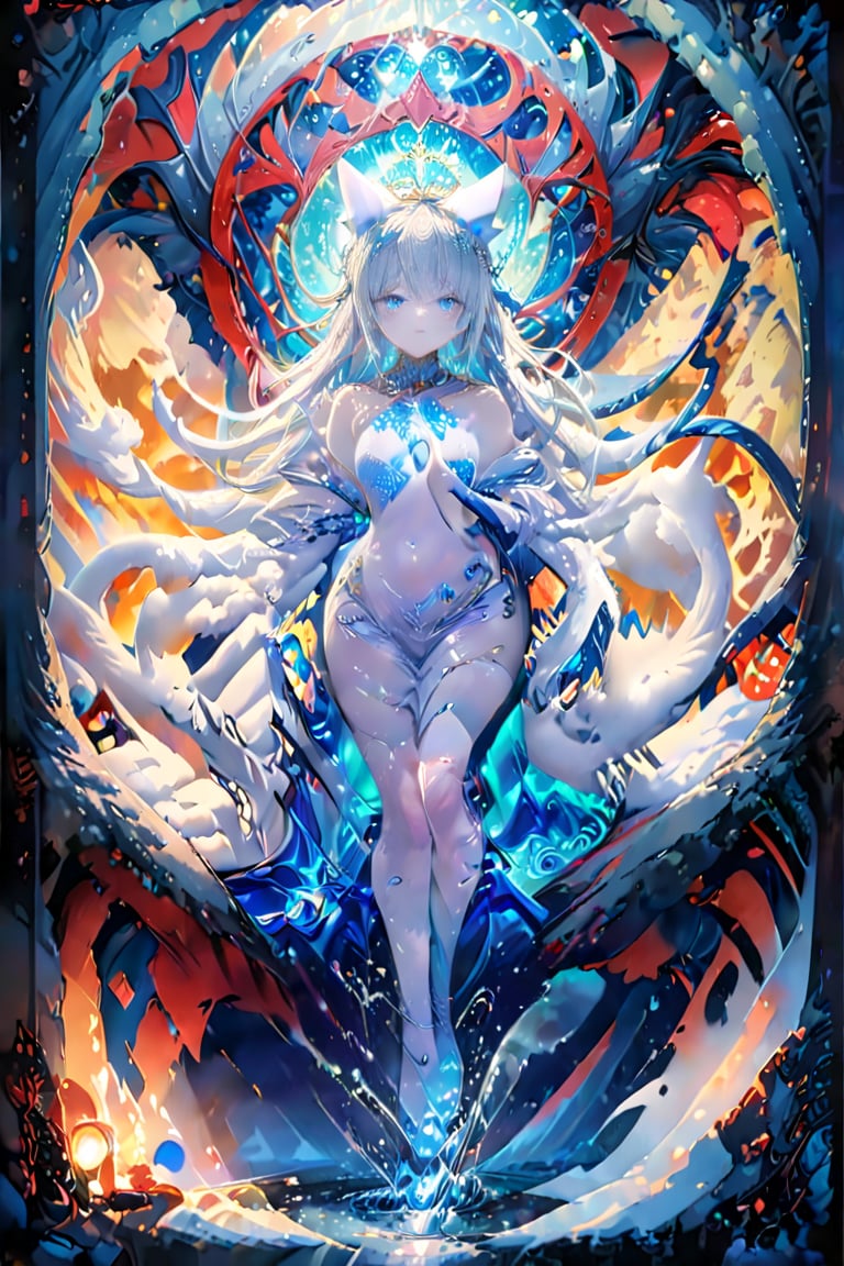 A majestic queen of cats grasps a massive feline companion in her arms, captured in a full-body shot. Her porcelain-like skin appears almost translucent against the vibrant colors surrounding her. Wide, long blue hair, blue sapphire eyes gleam with an otherworldly intensity, as if fueled by ancient mystical powers. The artwork's vertical composition and intricate details create a breathtaking, dreamlike atmosphere, transporting viewers to a realm where mythical creatures reign supreme.,BLE