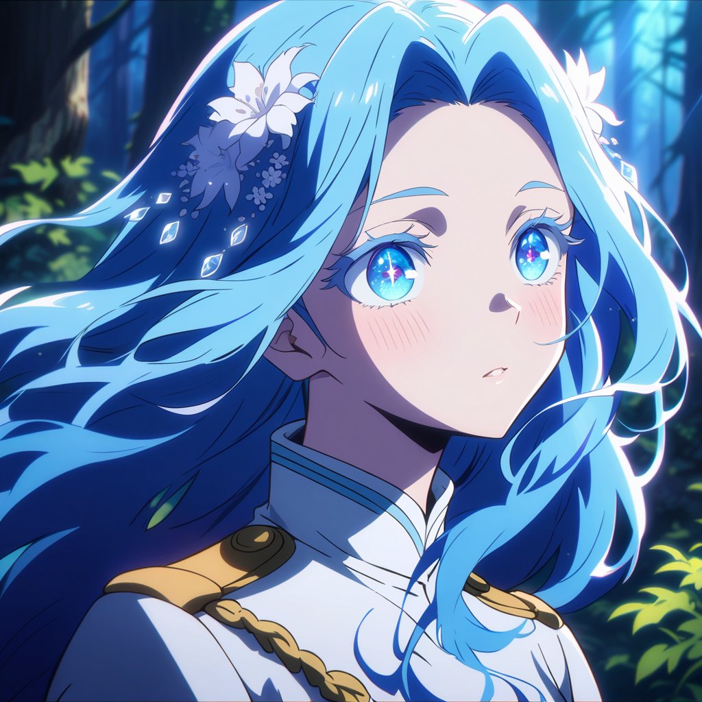 anime, anime style, niji6 style, by nijijourney, anime, anime style, niji6 style, by nijijourney, blue theme, anime, anime style, niji6 style, by nijijourney, 1girl, solo, hair ornament, pony hair, long dress uniform, flower hair ornament, flower, blurry, princess, blurry background, portrait, glow blue eyes, parted lips, from side, blue hair, dress, eyelashes, looking up, upper body, white flower, parted bangs, jacket, depth of field, nature, outdoors, sidelocks, forest, blue eyes, floating hair, expressionless, hair intakes, gradient hair, blue hair, blue eyes, very long hair, multicolored hair, sunlight, animification, anime coloring, fake screenshot, screencap, anime screencap, twilight, detailed eyes, ambient light, thick eyelashes, diamond, dark night, dark deep, sparkling, masterpiece, best quality, highres, 4k, 8k, intricate detail, cinematic lighting, amazing quality, amazing shading, film grain, blurry foreground, vignetting chiaroscuro, chromatic aberration, backlighting, global illumination, drop shadow, detailed illustration, anime style, wallpaper, animification, anime coloring, fake screenshot, screencap, anime screencap