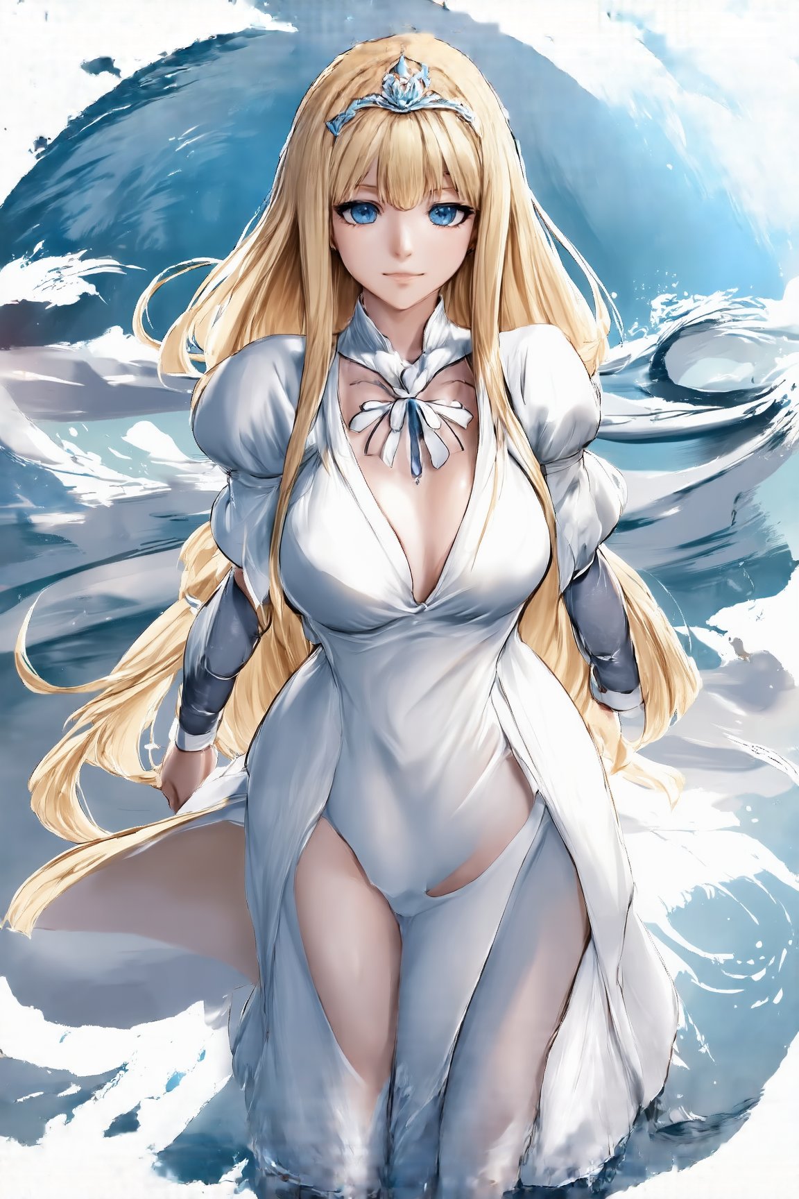 anime girl, 1girl, beautiful, majestic, masterpiece, elegant, high resolution, solo, Calca, Calca Bessarez, blonde hair, (extremely long hair:1.3), white tiara, medium breasts, blunt bangs, white dress, blue eyes,douqi,Ink splashes,dynamic pose,illustration,bold lines