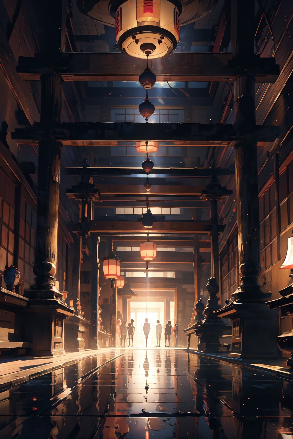 multiple rooms, japanese architecture,  infinity japanese castle, infinity room, dark room with ligh candle, ,8k, detail, midjourney, pastelbg, ninjascroll, Traditional Media