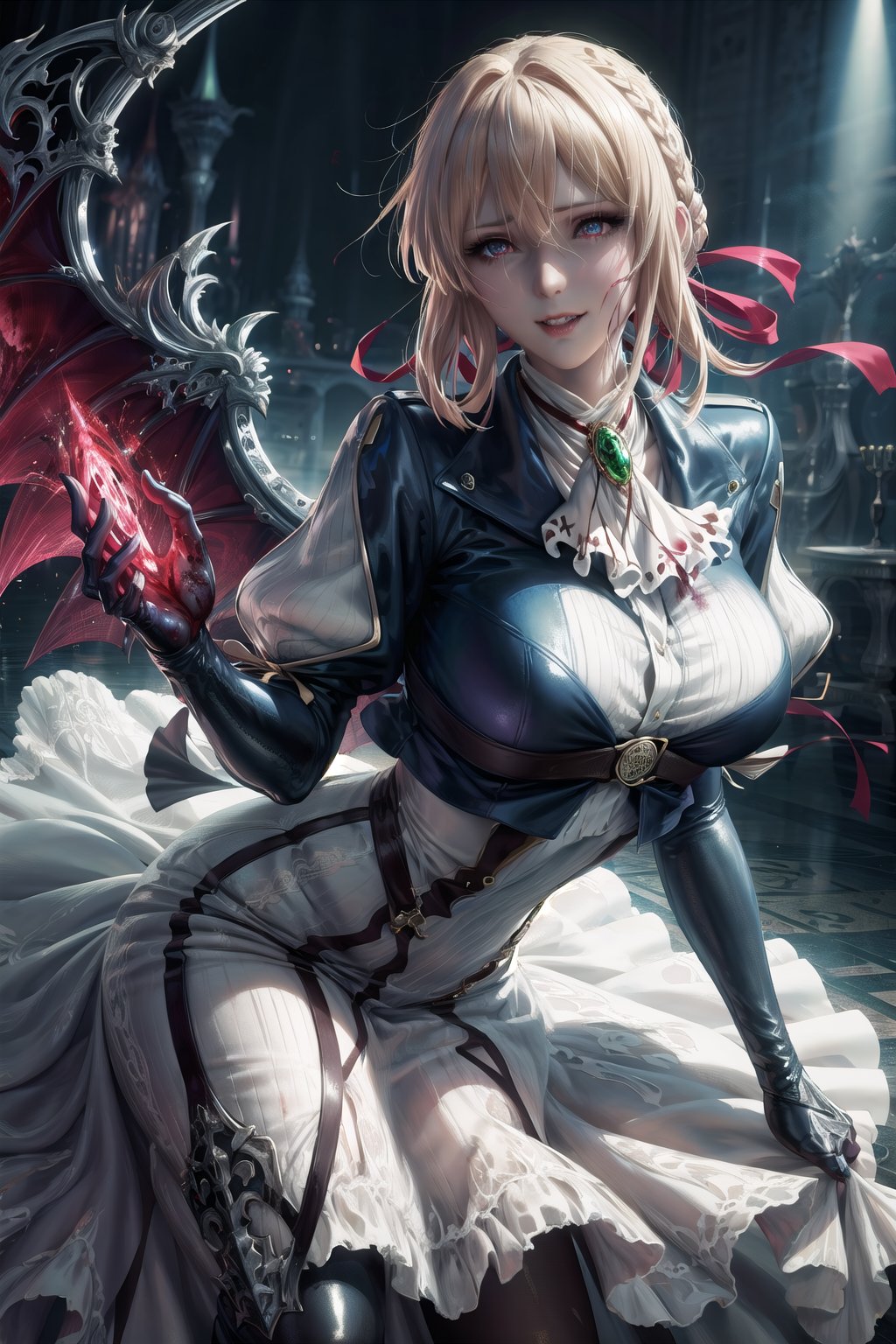 high detail, rapthalia, women, vampiric, large breasts, ((leather leggings, thigh uniform), stiletto boots, black lips, (pretty red glowing eyes), pretty face, teasing, evil look, fang teeth, smirk, (blood dripping from mouth), demon wing, pornographic pose, blurry background, vamptech, manga panel, monochrome, full length, masterpieces, violet evergarden, braid, hair ribbon, red ribbon, jewelry, white ascot, brooch, blue jacket, long sleeves, brown gloves, white dress, long dress