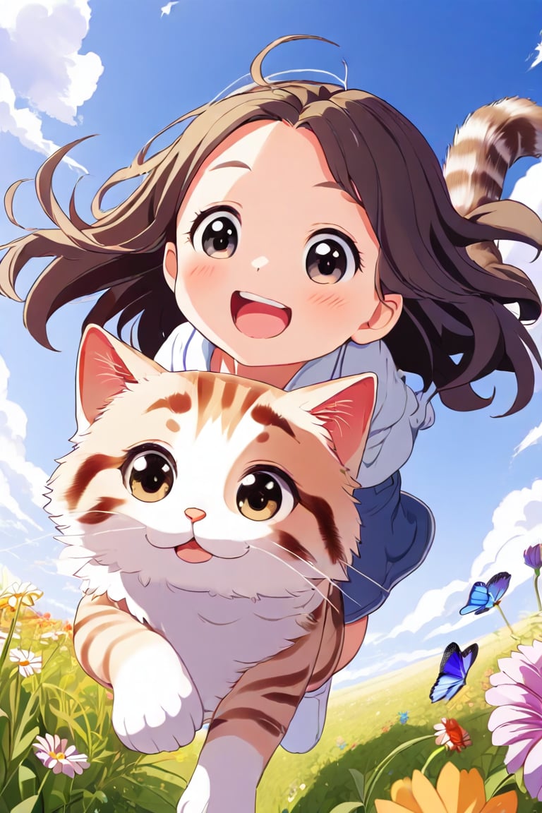 A joyful scene unfolds as a young girl with ahoge hair and eyes beams directly at the viewer. Her happiness is infectious, radiating from her bright smile. Against a blue sky with fluffy clouds, she rides a massive cat that leaps into frame, its paws barely grazing the lush meadow grass. Vibrant flowers bloom around them, adding to the whimsical atmosphere. The camera captures this delightful moment from a low-angle point-of-view (POV), emphasizing the girl's exuberance and the cat's playful majesty.