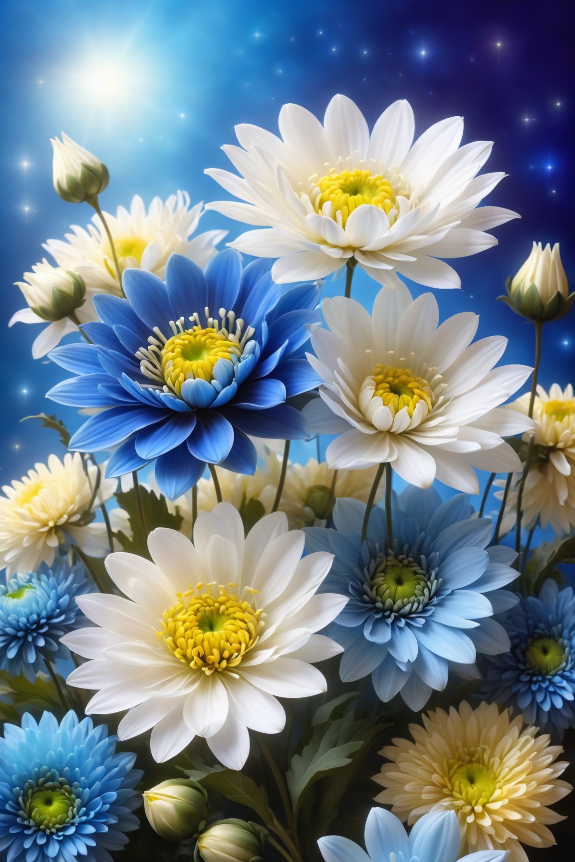 white flowers, blue chrysanthemums,Flora,Flower,Photo Realistic