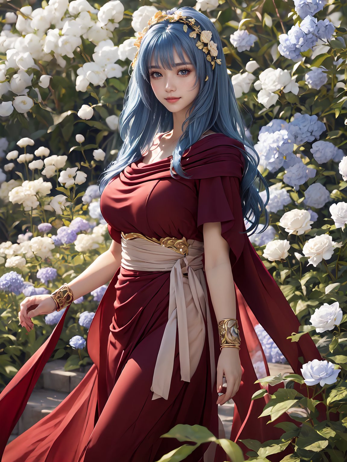 8k, masterpiece, ultra-realistic, best quality, high resolution, high resolution, 1girl, solo, reah, blue hair, blue eyes, thin eyebrow, busty and sexy girl, standing gracefully, serene expression, flower garden background. reah, red scarf, red cloak, red dress, bracelet.
FLOWER headdress adorned with gold accents and pearls, FLOWER PATTERN KIMONO, gold embroidery and gemstones, flowing robe or gown,
COLORFUL SMOKE BACKGROUND, rich golds and glowing whites,
luxurious, elegant, detailed