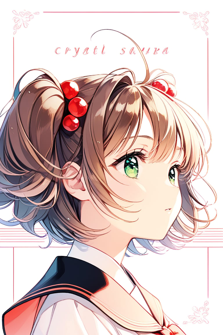 1girl, solo, looking at the audience, model pose, calm face, eyes with long and dense eyelashes (very bright and crystal clear), character name, text, kinomoto sakura, antenna hair, brown hair, short hair, twintails, green eyes, hair bobbles, Mahou Shoujo uniform, 