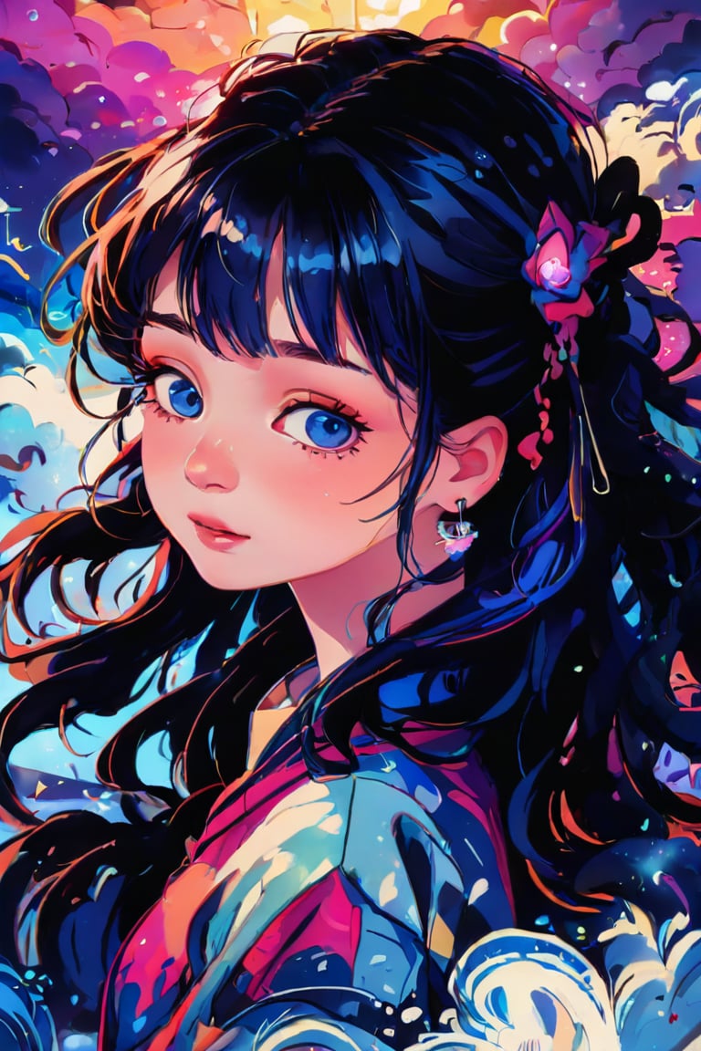 Anime style, highly detailed, masterpiece, fantasy art, 1girl, solo, long blue hair, twintail, looking straight up, blush, bangs, blue eyes, wavy hair, earrings, parted lips, blurry, eyelashes, excellent quality, light particles, water drop, stunning_image, Anime art style, vspop, rich color,kidz