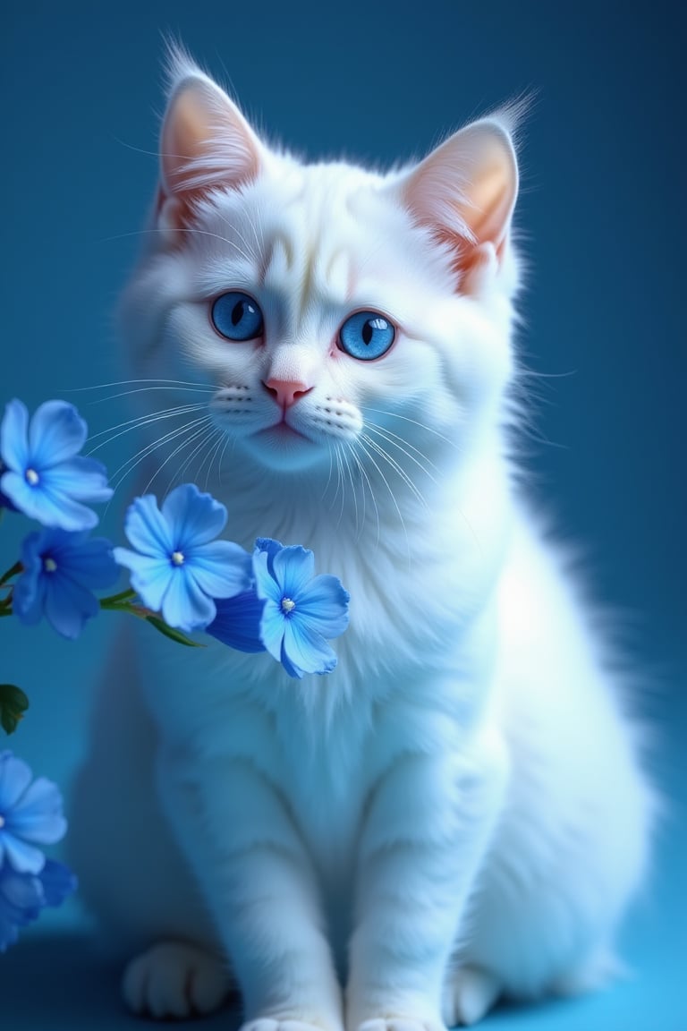 White cat, blue glowing eyes, cute, masterpiece, blue flower