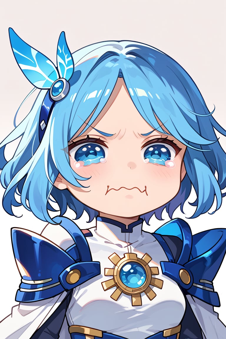 masterpiece, highly detailed, 16k, ultra HD, meme, chibi, chibi style, closed mouth, upper body, cute face, anime style, 1girl, long blue hair, blue glow eyes, ba_chibi, score_9, score_8_up, score_7_up, source_anime,BREAK, aquacrying, wavy mouth, tearing up