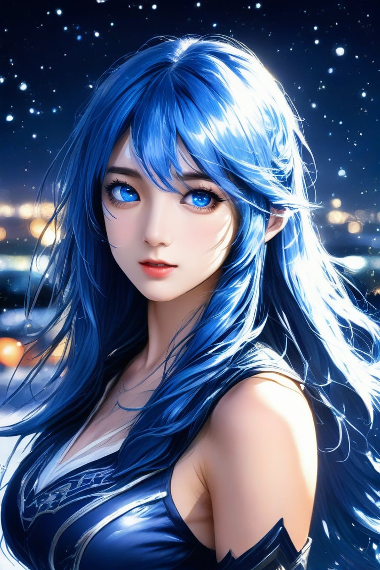 Beautiful girl, long hairstyle, blue hair, blue eyes, masterpiece quality, light particles, serious face, fighting stance, battlefield, looking at viewer, upper body, Anime Style., highly detailed, sharpness, RPG_Background