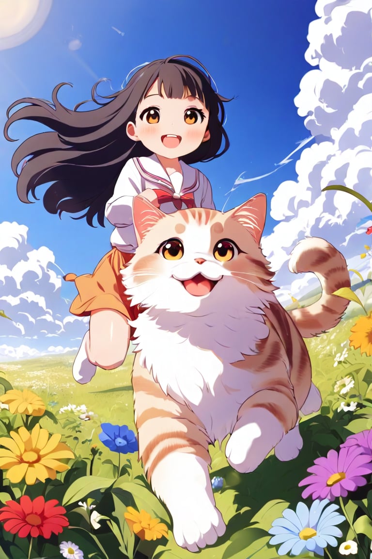 A joyful scene unfolds as a young girl with ahoge hair and eyes beams directly at the viewer. Her happiness is infectious, radiating from her bright smile. Against a blue sky with fluffy clouds, she rides a massive cat that leaps into frame, its paws barely grazing the lush meadow grass. Vibrant flowers bloom around them, adding to the whimsical atmosphere. The camera captures this delightful moment from a low-angle point-of-view (POV), emphasizing the girl's exuberance and the cat's playful majesty.