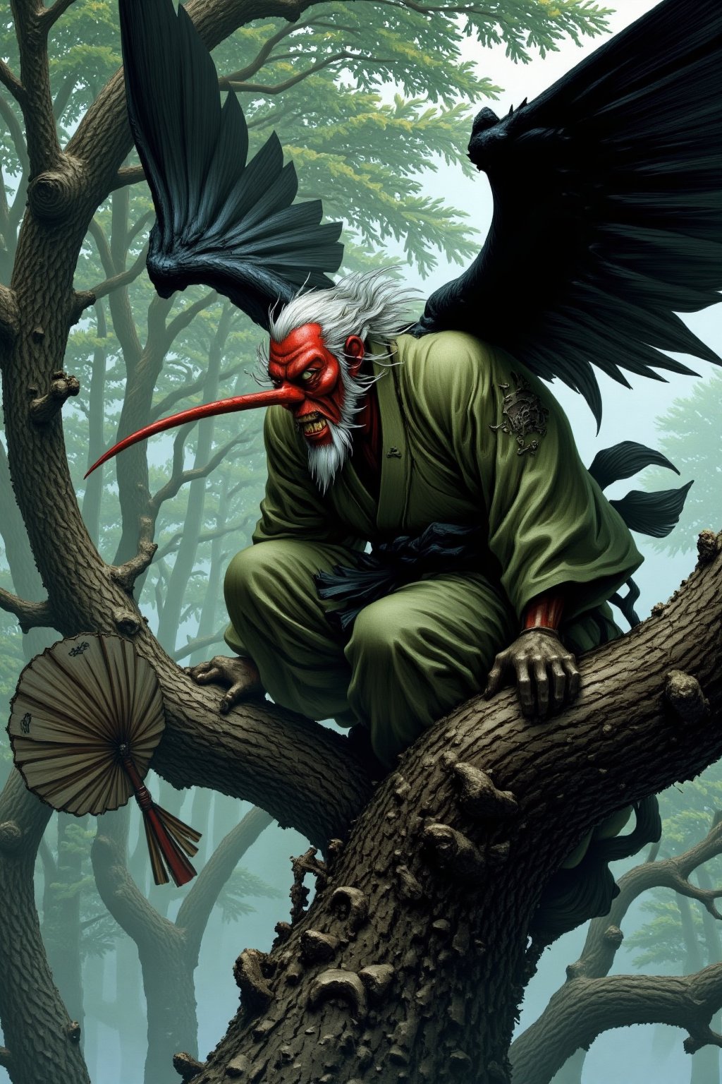 Tengu, traditional japanese yokai, yokai in misty mountain forest, long-nosed mask, fierce red face, stick like long nose, white hair and beard, wearing traditional yamabushi attire, large black wings, holding big fan, perched on ancient gnarled tree, surrounded by towering cedar trees,Midjourney_Whisper