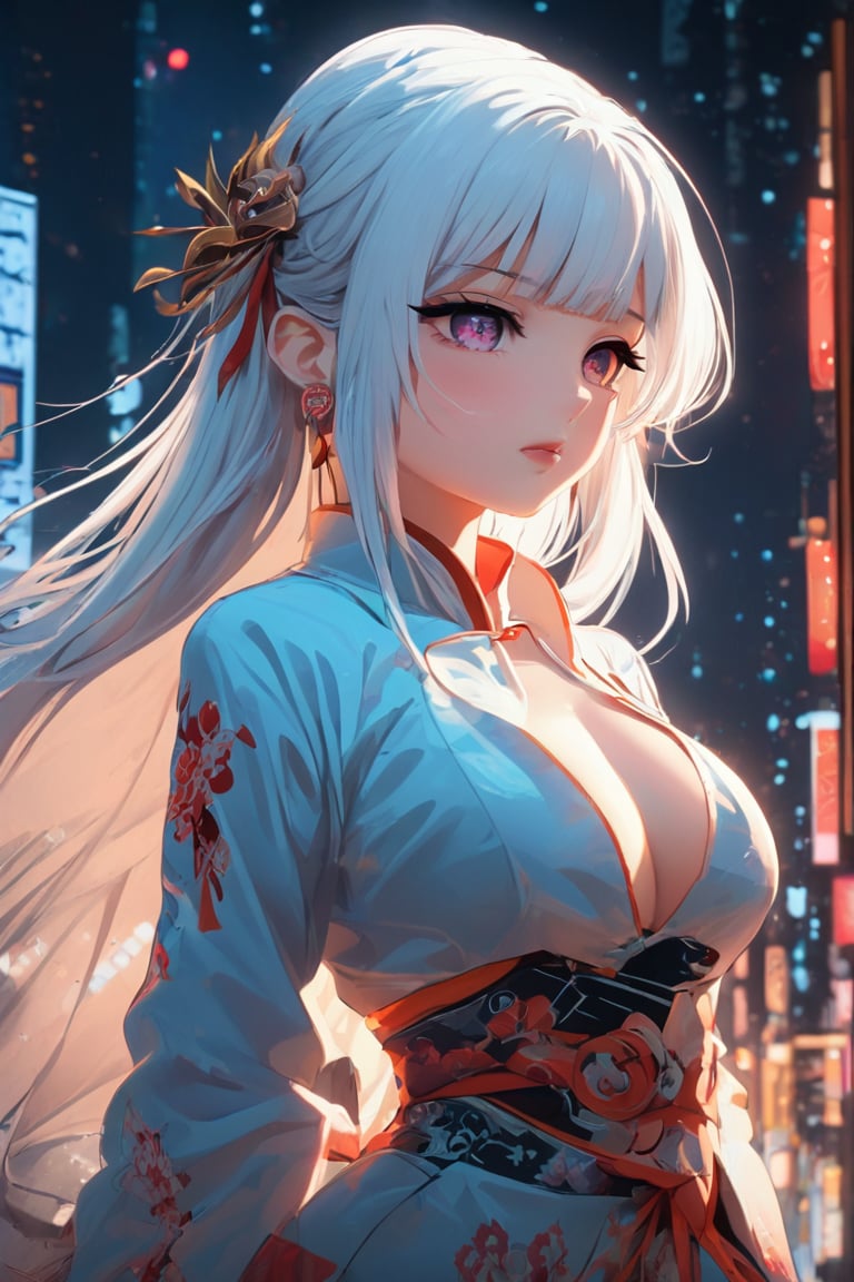 Sexy Pose, masterpiece, highly detailed, high resolution,  1girl, Japanese beauty, white hair, (high sexual attraction, long hair), in the dark night, (sexy Chinese Hanfu+body implants), highly detailed background, neon lights, Cyberpunk, Enhance, Chinese fantasy art, Anime Style, cover painting