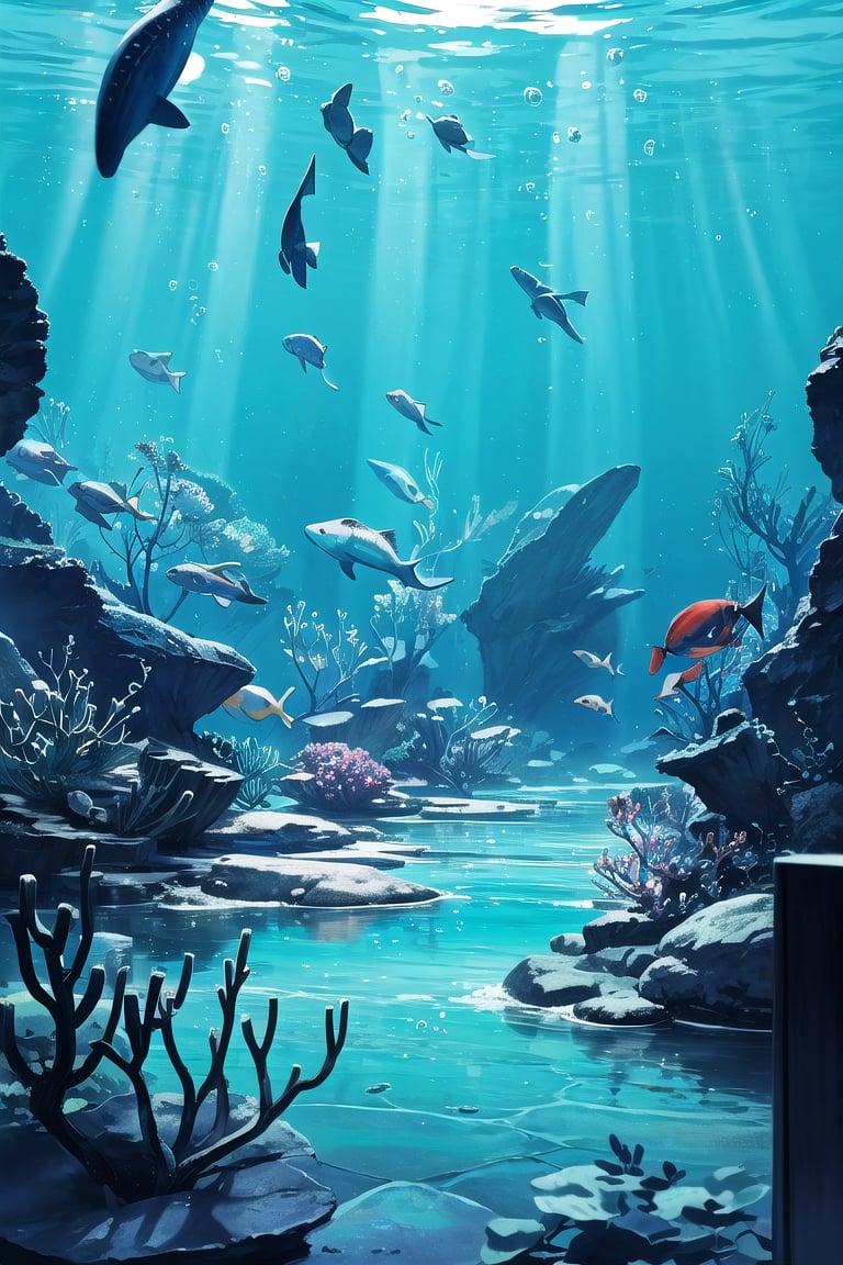 A serene backdrop of a large, majestic aquarium fills the frame, with the gentle glow of soft blue lighting casting a calming ambiance. The camera captures a stunning backview, showcasing the mesmerizing array of aquatic life in the distance. In the foreground, intricate details and masterful shadow effects bring the underwater world to life, as if gazing into an actual aquarium. The tranquil atmosphere is further enhanced by the peaceful environment, where the soothing colors of blue and the calming sounds of aquatic life create a sense of serenity.