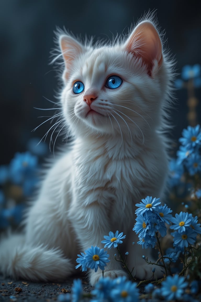 White cat, blue glowing eyes, cute, masterpiece, blue flower