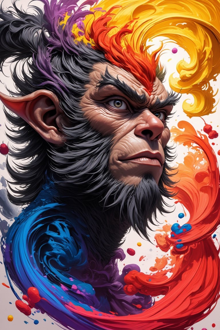 A majestic, close-up portrait of Wukong's wise and powerful head, rendered in exquisite ink art style with bold brushstrokes. His piercing eyes seem to gaze into the depths of eternity as a halo of subtle, swirling patterns surrounds his noble visage. Vibrant colors dance across the canvas, imbuing the masterpiece with an aura of mystique.,Ink art style