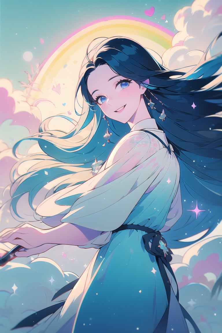 magical girl, blue hair, blue eyes, lolita dress, short dress, long hair, pale skin, soft skin, colorful snow background, rainbow, hearts, snow, snowing, ice, pastel, sun, crystals, gentle smile, looking_at_viewer, (masterpiece, best quality:1.2), fluffy, soft, light, bright, sparkles, twinkle, slightly downcast eyes, cute, pink, blue, Enhance, clouds,masterpiece, fullbody,china art