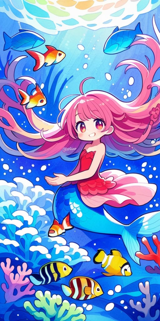 score_9, score_8_up, score_8, score_7_up, vibrant watercolor anime style. Gorgeous mermaid playing with other fish on the sea. She smiles charmingly as she holds a coral. A whimsical deep seat emerges out of a blue background