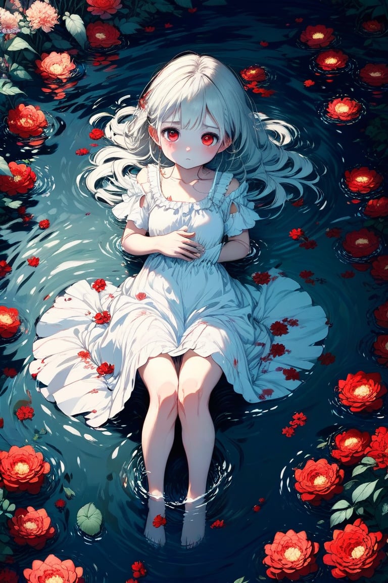 A girl in a white dress lying down and floating in a pond, (horror style), ultimately adorable, incredibly cute, super kawaii, surrounded by many bloody flowers, sad, hands on chest, full body, moonlit night, fantastic, mysterious, from above, masterpiece, highest quality, 8k, ultra-detailed, perfect anatomy, detailed eyes, anatomically correct hands, very clear and precise images,Anime Style.,Anime style