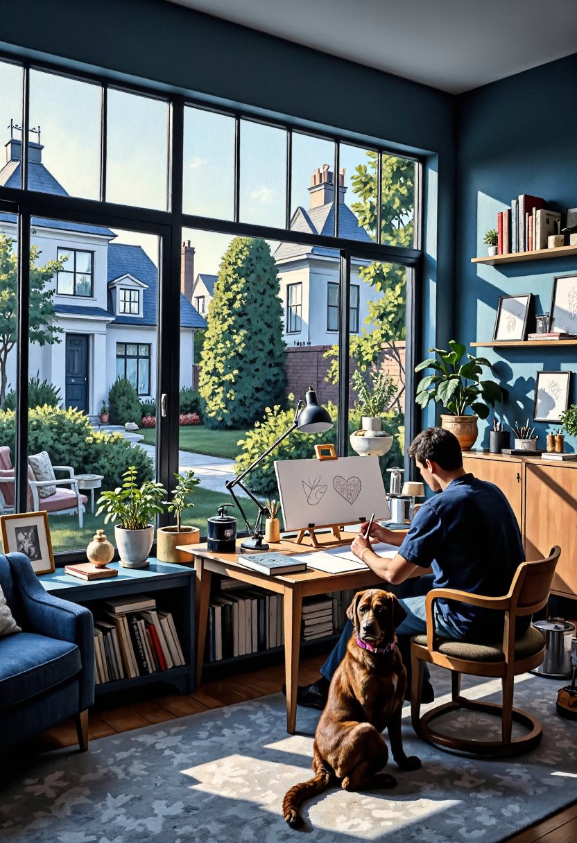 Living room with large windows, overlooking the garden, bathed in warm blue hues. The room is filled with various painting supplies and canvases on shelves, while a dog sits at their desk surrounded by books and sketches, adding to the cozy atmosphere. In the background, you can see 
exotis garden outside, adding depth to the scene.,Modern,oil painting