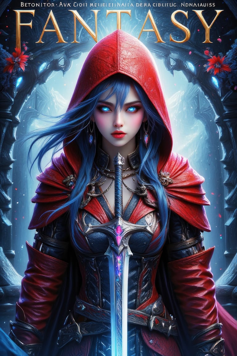 Masterpiece, highly detailed, best quality, 1girl, realistic style, flowing hair, blue hair, ahoge, hair accessories, majestic, holding sword, elegant, very aesthetic, blue glowing eyes, beautiful detailed eyes, navel, wear red hooded cape, long sleeves, serious face, looking at viewer, standing, dynamic pose, vivid colours, magazine cover with colourful background, magazine cover, Title with text read as "FANTASY",Text, Crystal Sword,Midjourney_Whisper