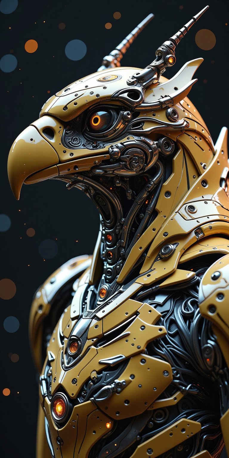 masterpiece, eagle robot, robot, mechanical, highly detailed, hd, mystical, mistic, elegant, jewelry, gem, spark particles background, bokeh, masterpiece, best quality, 16k, ultra-detailed, finely detailed, high resolution, perfect dynamic composition, detailed eyes, cinematic lighting, detailed background, depth of fields, perfect proportion, hyperdetailing skin, clear skin, harmonious composition,AhFutur,mechanx