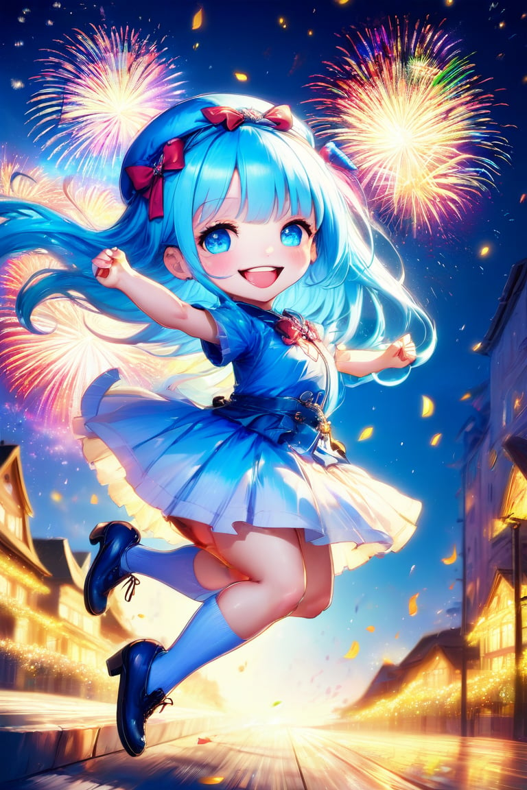 masterpiece, highly detailed, (extremely detailed fine touch:1.3), chibi anime style, happiness, big smile, jumping, long majestic blue hair, blunt bangs, 1girl, solo, full body, leaning back, side shot, cute dress, firework, multiple color, Anime Style.,Anime style, add text as "15 K"