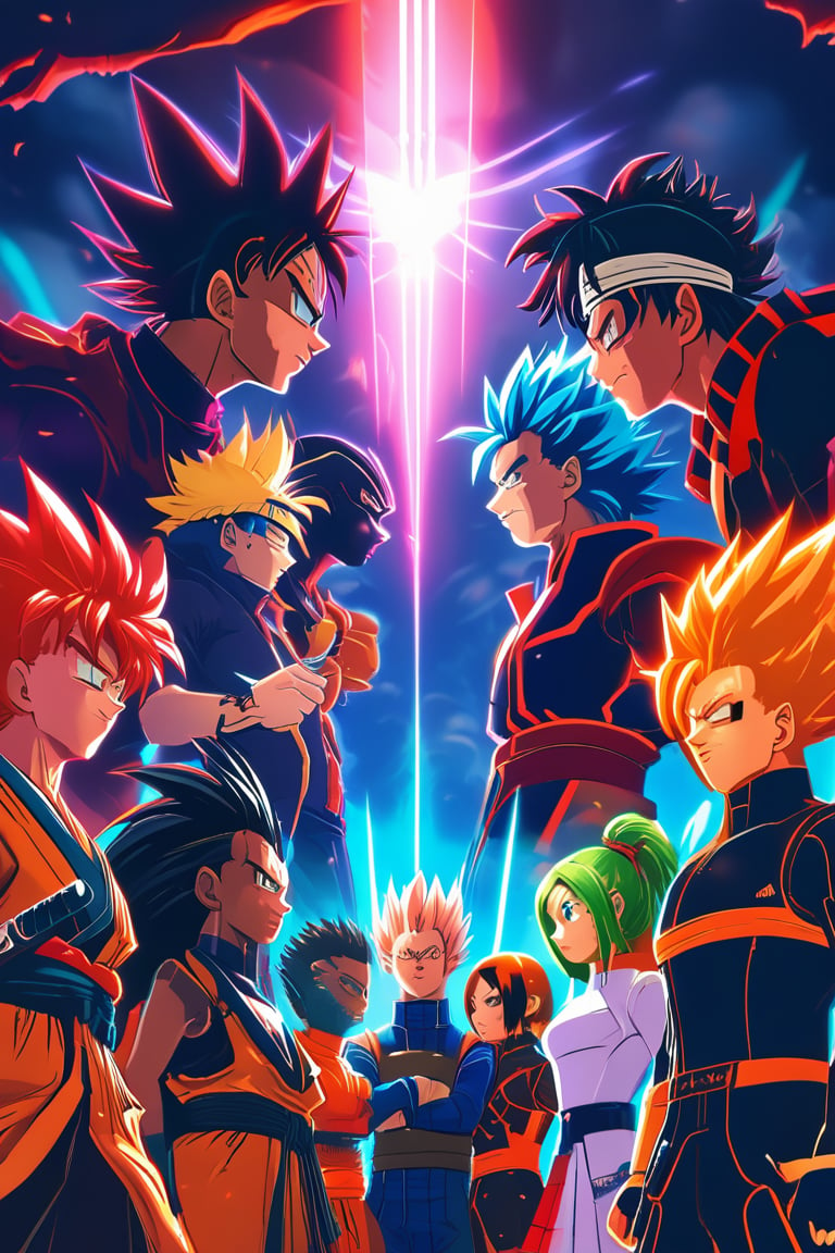 A dynamic, high-energy scene featuring a cluster of iconic logos from various anime series. In the foreground, multiple characters from popular shows such as Dragon Ball Z, Naruto, and One Piece gather around a gleaming, futuristic cityscape. The logos are arranged in a circular pattern, with each logo glowing softly to represent its significance. Epic music plays in the background as the characters strike powerful poses, emphasizing their unique personalities. The anime-inspired color palette features vibrant hues like orange, blue, and red.