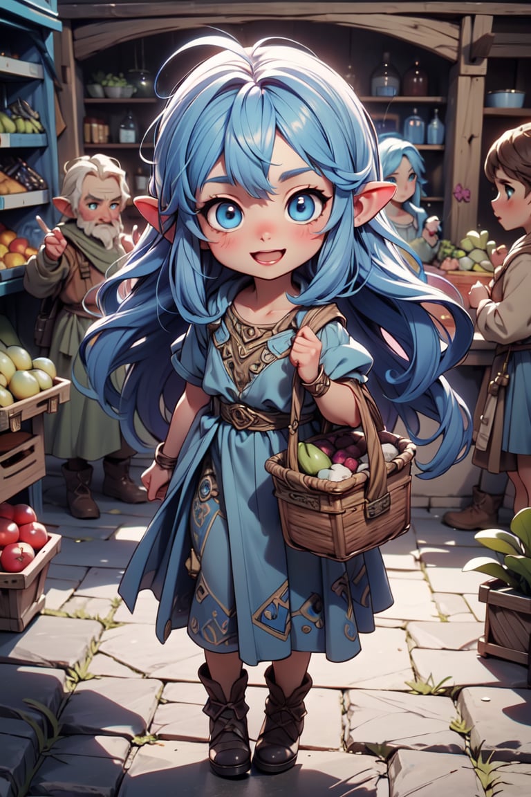 Cinematic composition chibi reah with blue long hair and blue eyes in a lively Hobbiton market. She carries a basket filled with fresh produce, her cheerful demeanor attracting the attention of fellow hobbits. The natural colors of her attire stand out against the market's vibrant scene, capturing role in the community and her connection to the simple joys of Hobbit life.