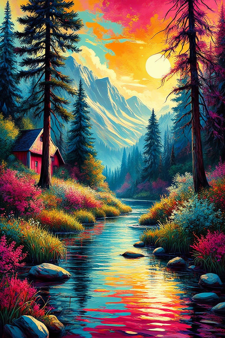 Capturing the vibrant energy of the forest. The scene is rendered in bright, contrasting colors with sharp, hard edges, featuring stylized plant and tree, bold outlines, and flat, graphic shapes. The waterways and trees are simplified into vibrant blocks of color, and the sky is filled with bold, stenciled clouds. The reflections in the water are presented in crisp, vibrant patterns that mimic commercial printing techniques. The overall composition is dynamic and eye-catching, blending popular culture and mass media influences with a striking, modern interpretation of a classic view."