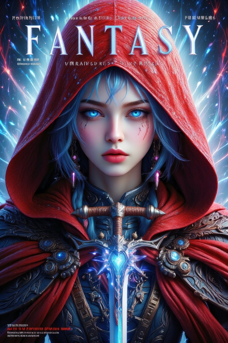 Masterpiece, highly detailed, best quality, 1girl, realistic style, flowing hair, blue hair, ahoge, hair accessories, majestic, holding sword, elegant, very aesthetic, blue glowing eyes, beautiful detailed eyes, navel, wear red hooded cape, long sleeves, serious face, looking at viewer, standing, dynamic pose, vivid colours, magazine cover with colourful background, magazine cover, Title with text read as "FANTASY",Text, Crystal Sword,Midjourney_Whisper