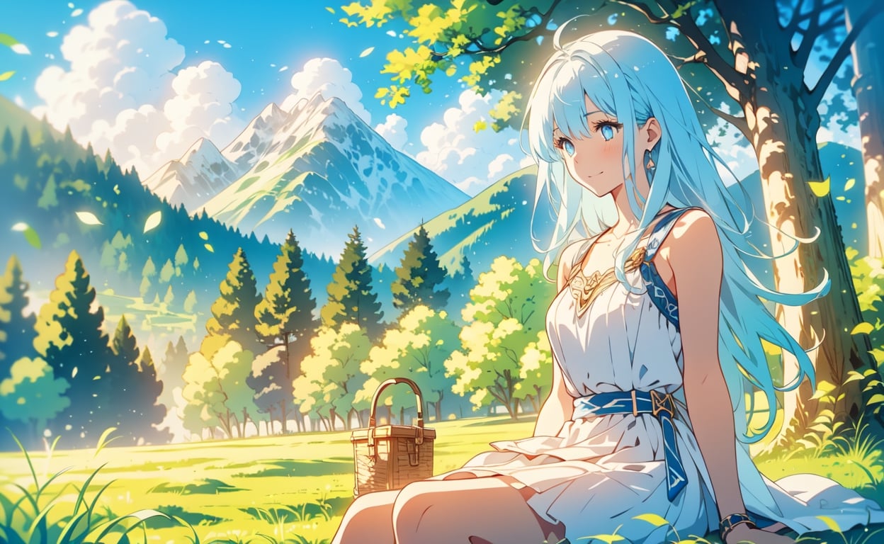 masterpiece, high_res, 1girl, happy, beautiful body, reah, long light blue hair, blue eyes, white dress, smooth skin, sitting under a tree, gentle happy, picnic, nature, forest, mountains in the horizon, clouds, sunshine, cinematic view,Colors,1 girl