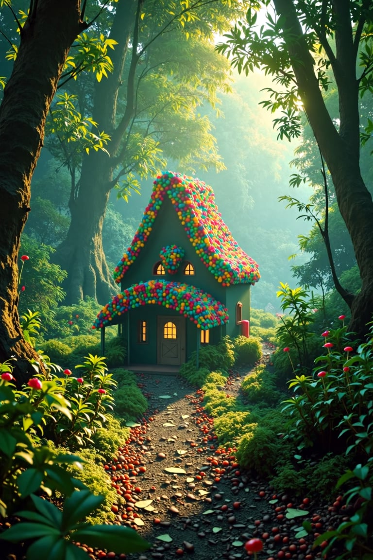 In a mystical clearing within a dense, ancient forest, a whimsical candy house stands amidst a tapestry of emerald foliage. Warm sunlight filters through the canopy above, casting dappled shadows on the vibrant hues of the sweets. A tranquil landscape unfolds, where eerie atmosphere and vivid colors converge. Cinematic composition guides the eye to the sugary abode, as natural scenery takes center stage in this photorealistic, 8K masterpiece.