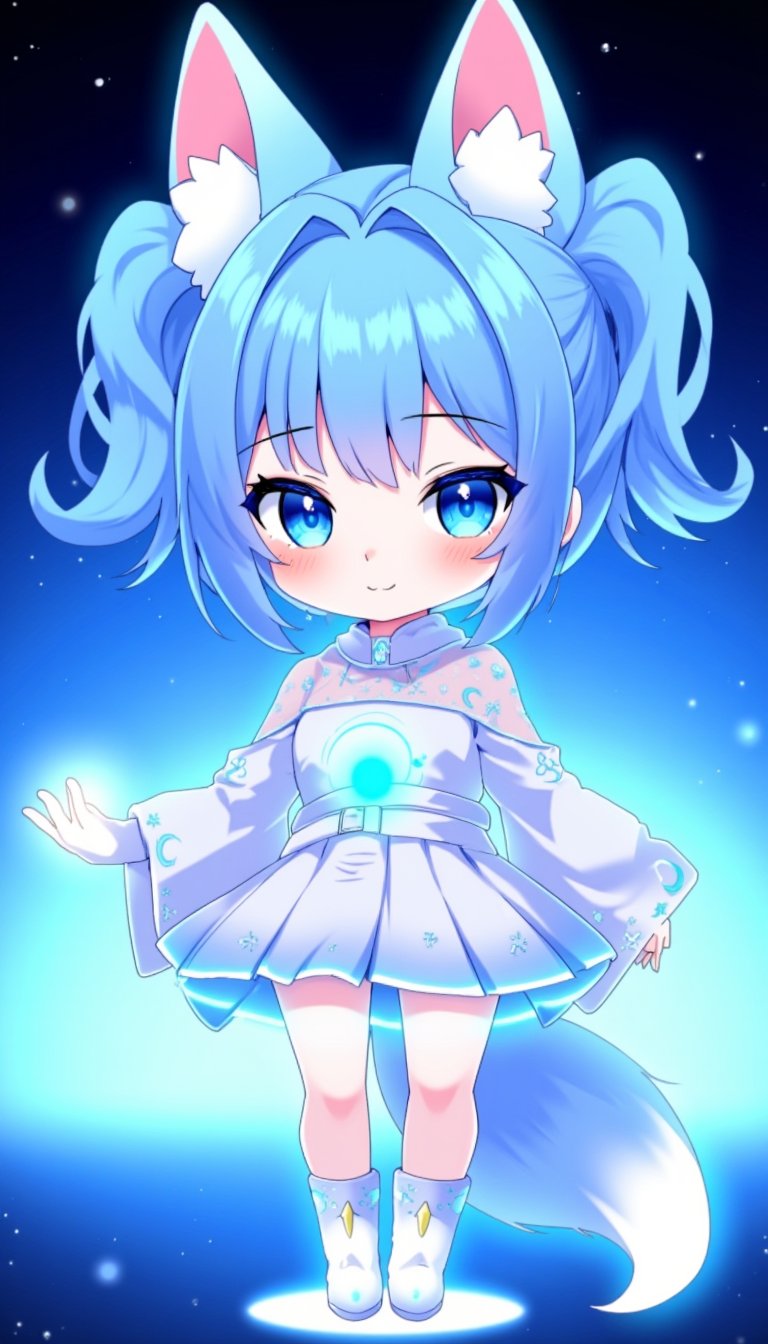 (chibi girl), front view, Anthropomorphized fox Girl: Pure blue hair tied into high twin ponytails, with a blue sheen at the ends Blue eyes, like stars shining in the night sky White clothing featuring a blue glowing moon pattern on the chest A translucent fiber optic skirt with blue LED lights, mimicking the starry sky Light and semi-transparent white shawl embroidered with blue crescent moons and stars Two pairs of white fox ears and a long fox tail, with a blue LED light at the tip of the tail Boots adorned with blue fiber optics, giving a futuristic feel White fingertip touchscreen gloves.full body,chibi, sanrio style, 3D colour, Anime Style