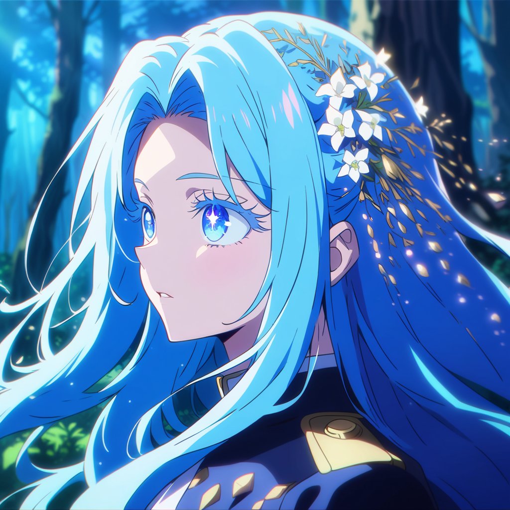 anime, anime style, niji6 style, by nijijourney, anime, anime style, niji6 style, by nijijourney, blue theme, anime, anime style, niji6 style, by nijijourney, 1girl, solo, hair ornament, pony hair, long dress uniform, flower hair ornament, flower, blurry, princess, blurry background, portrait, glow blue eyes, parted lips, from side, blue hair, dress, eyelashes, looking up, upper body, white flower, parted bangs, jacket, depth of field, nature, outdoors, sidelocks, forest, blue eyes, floating hair, expressionless, hair intakes, gradient hair, blue hair, blue eyes, very long hair, multicolored hair, sunlight, animification, anime coloring, fake screenshot, screencap, anime screencap, twilight, detailed eyes, ambient light, thick eyelashes, diamond, dark night, dark deep, sparkling, masterpiece, best quality, highres, 4k, 8k, intricate detail, cinematic lighting, amazing quality, amazing shading, film grain, blurry foreground, vignetting chiaroscuro, chromatic aberration, backlighting, global illumination, drop shadow, detailed illustration, anime style, wallpaper, animification, anime coloring, fake screenshot, screencap, anime screencap