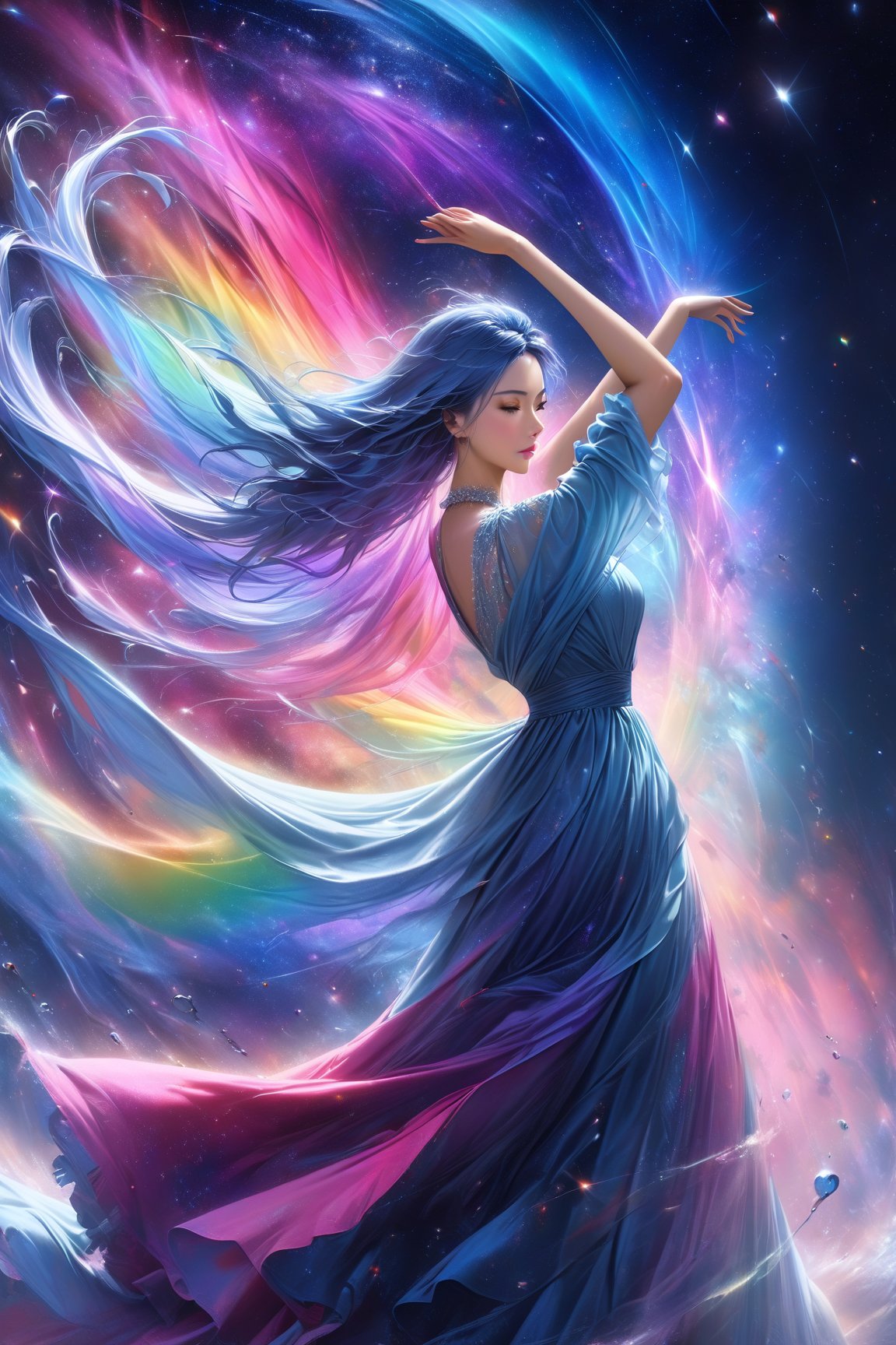 anime girl, masterpiece, high quality realistic, realistic aesthetic photo, sharp forcus, vibrant colors, galaxy of background, (half body), rainbow-color, elegance, passion, fairy, beautiful girl, long blue hair, long dress, wind, dancing, DonMF41ryW1ng5XL,ink,DonMM1y4XL