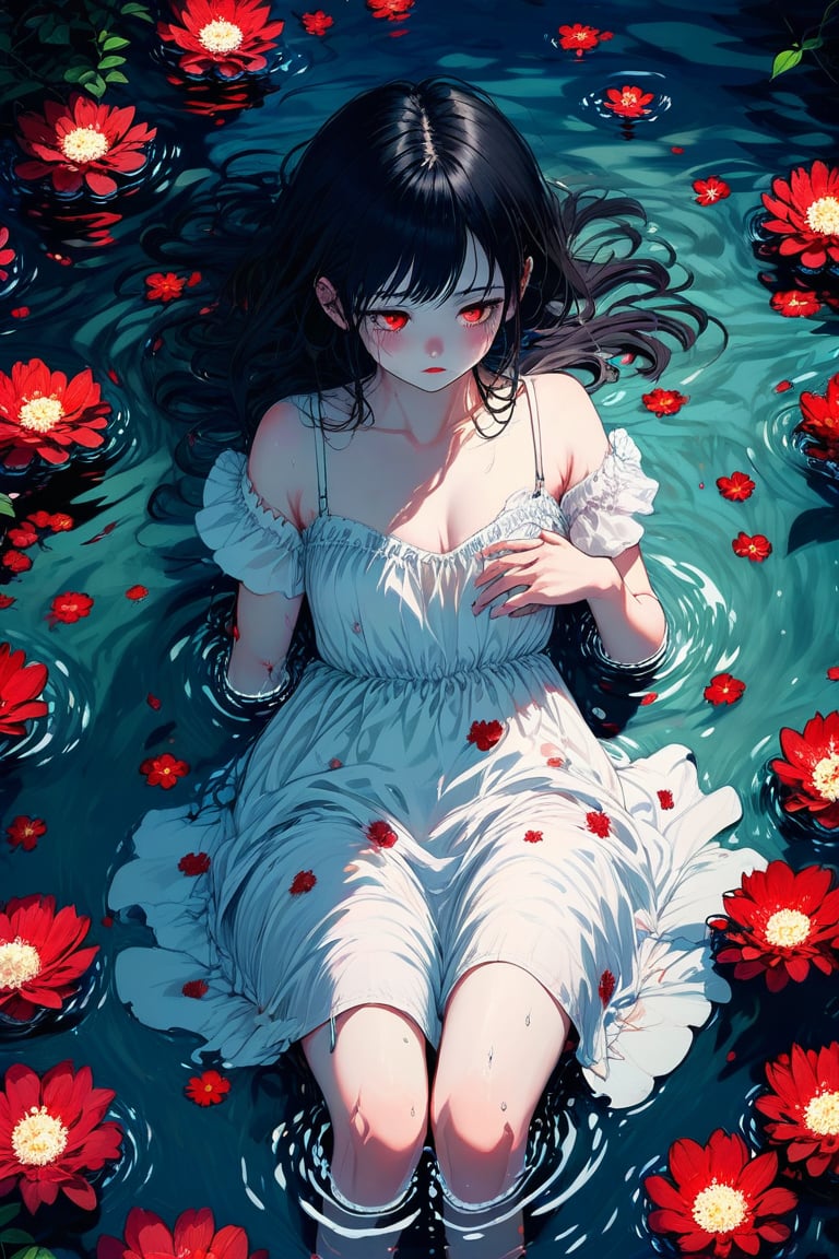 A girl in a white dress lying down and floating in a pond, (horror style), ultimately adorable, incredibly cute, super kawaii, surrounded by many bloody flowers, sad, hands on chest, full body, moonlit night, fantastic, mysterious, from above, masterpiece, highest quality, 8k, ultra-detailed, perfect anatomy, detailed eyes, anatomically correct hands, very clear and precise images,Anime Style.,Anime style