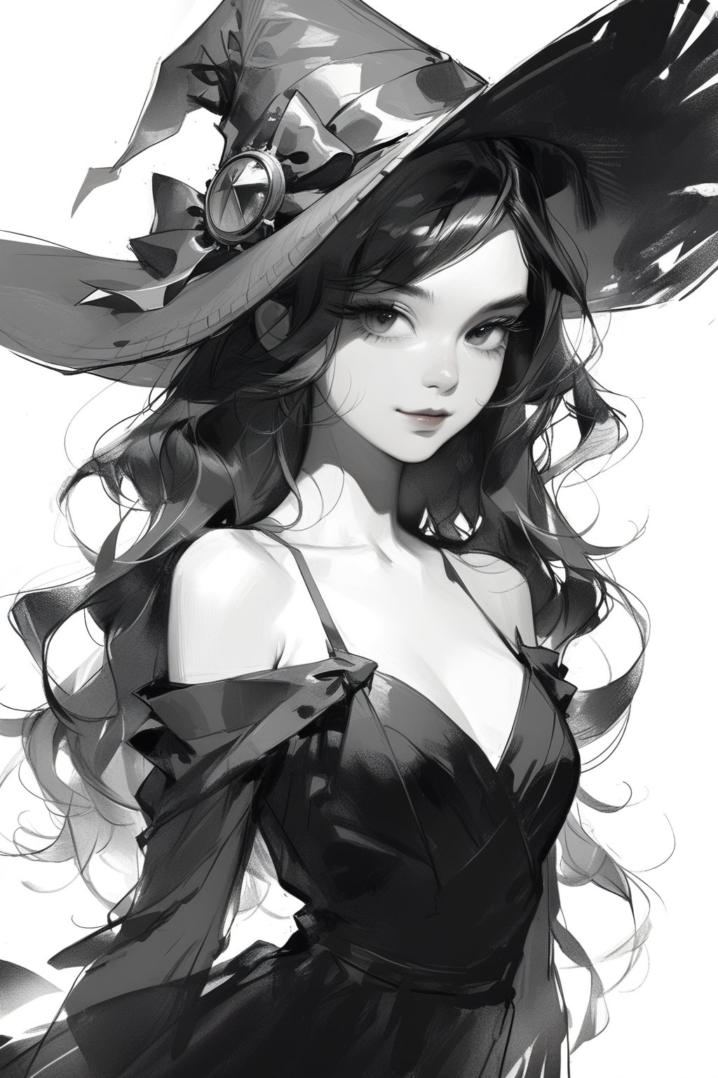 charcoal \(medium\), 1girl,concept art pixar, 3d style, toon, best quality, 4K, super detail, young witch girl with big witch hat, detailed pretty face, gorgeous woman, cute smile, slim girl, perfect girl, elegant dress, long hair, simple background,  white background,  digital artwork, illustrative, painterly, matte painting, highly detailed, dynamic composition, breathtaking, relax, detailed, ilustration, masterpiece, highly detailed, stunning image, elegant, dramatic, bold, intense, detailed, eye-catching, solo, monochrome, greyscale