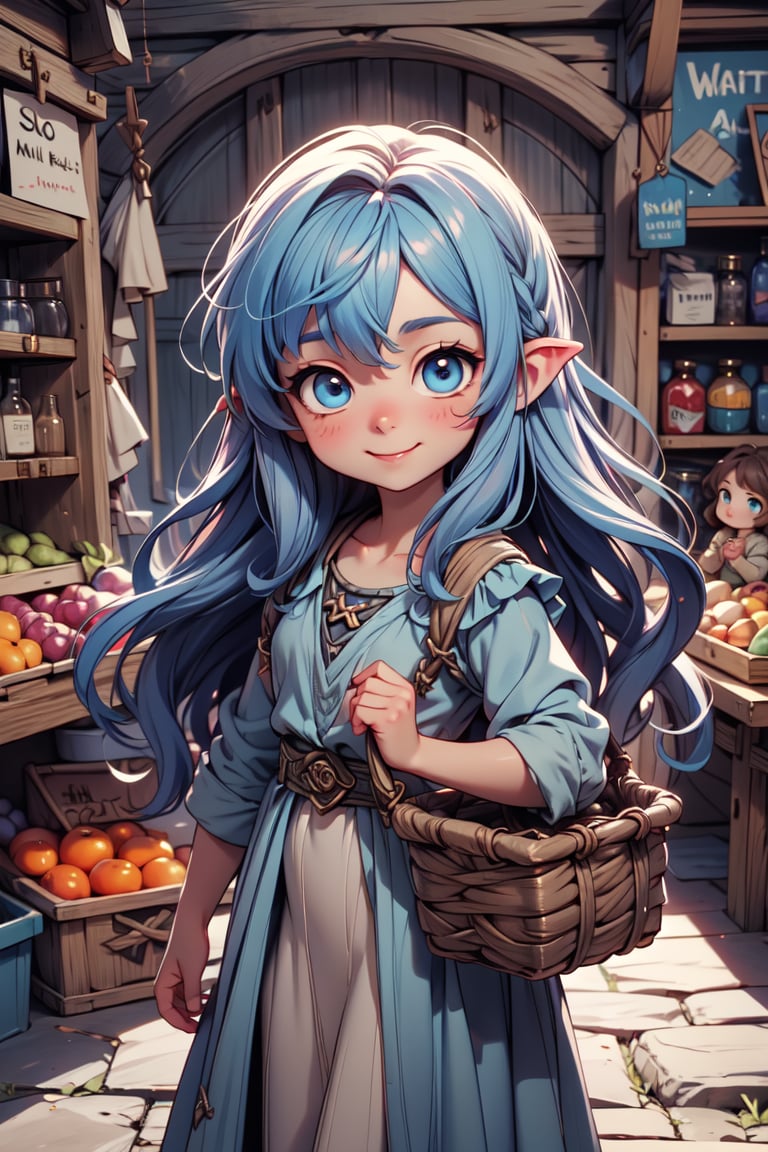 Cinematic composition chibi reah with blue long hair and blue eyes in a lively Hobbiton market. She carries a basket filled with fresh produce, her cheerful demeanor attracting the attention of fellow hobbits. The natural colors of her attire stand out against the market's vibrant scene, capturing Rosie's role in the community and her connection to the simple joys of Hobbit life.